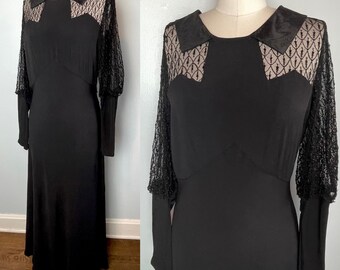 Gorgeous Vintage 1930s 30s Floor Length Crepe and Lace Black Gown Volup M Medium L Large