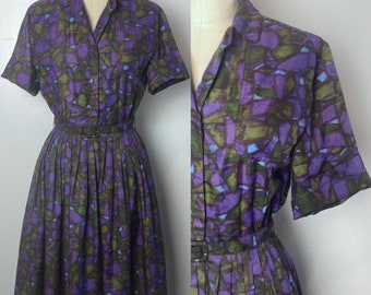 Stained Glass 60s 1960s Purple Blue and Green Shirtwaist Dress S Small