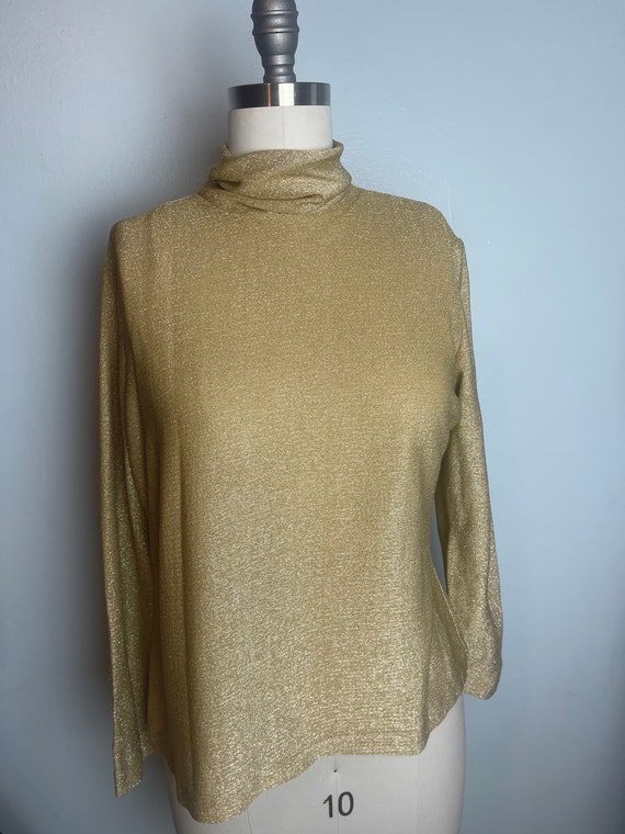 Gold Shimmer Vintage 1960s 1970s Drapey Turtleneck L Large