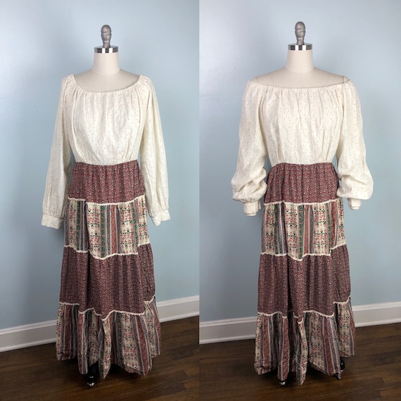 1970s Boho Peasant Dress M Medium