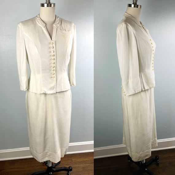 1950s 50s Vintage Ivory Linen Weave Skirt Suit S … - image 1