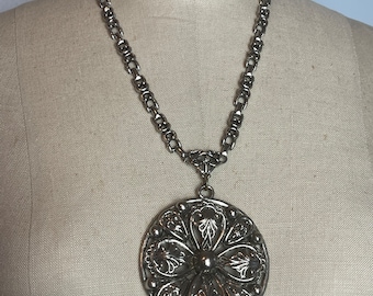 Chunky Funky Silver Tone 1960s 60s Vintage Medallion Necklace