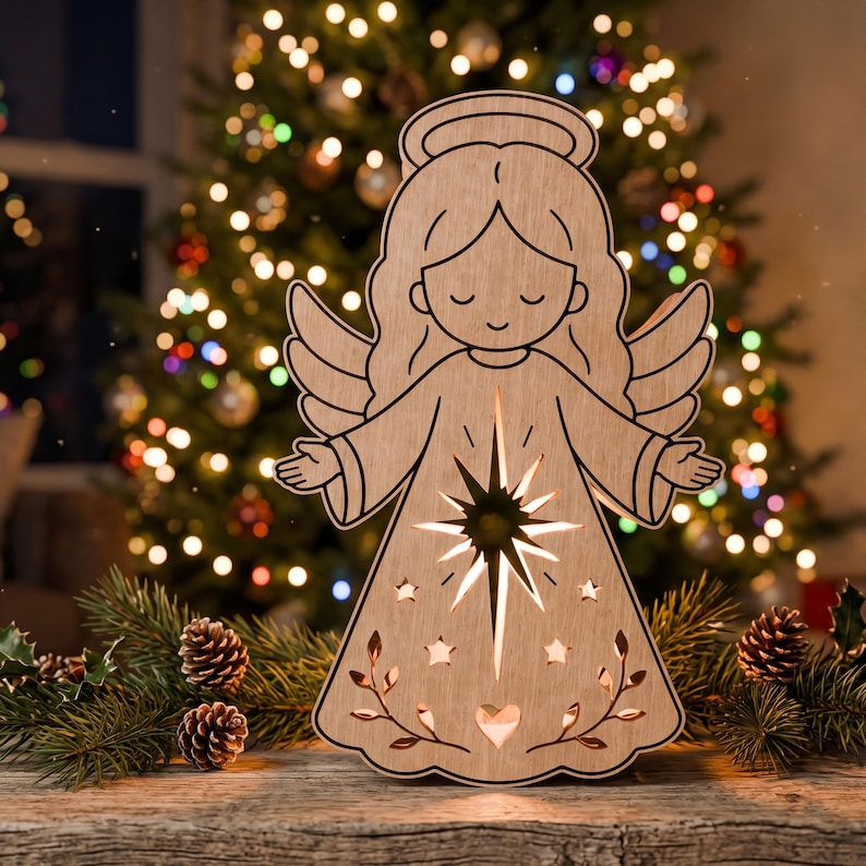 May include: A light-colored wooden angel cutout featuring a laser-cut star design at the center, a halo, and engraved details including small stars, leaves, and a heart. The figure is illuminated from within, casting a warm glow through the cutouts.