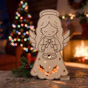 May include: A light-colored wooden angel cutout featuring a halo, flowing hair, and a bow, holding a bell. The figure has cut-out star and holly leaf shapes that emit a warm glow. A small tag at the base reads CelestialCrafts Handmade.