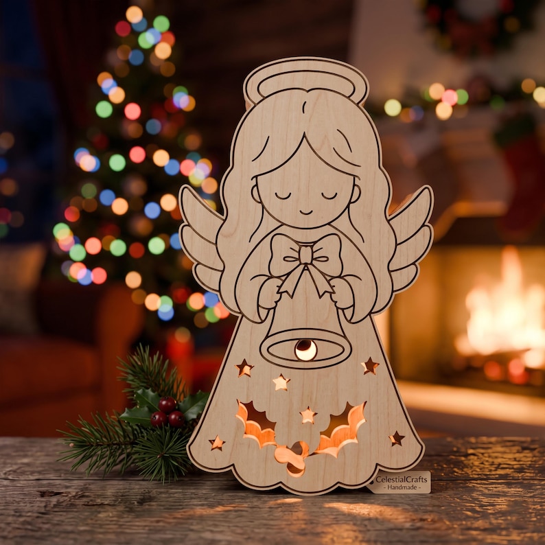May include: A light-colored wooden angel cutout featuring a halo, flowing hair, and a bow, holding a bell. The figure has cut-out star and holly leaf shapes that emit a warm glow. A small tag at the base reads CelestialCrafts Handmade.