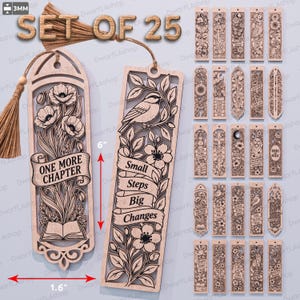 Peut inclure: Un ensemble de 25 marque-pages en bois découpés au laser avec des motifs floraux, d'oiseaux et de nature gravés. Chaque marque-page mesure 15,24 cm de hauteur et 4,06 cm de largeur, avec une épaisseur de 3 mm, et inclut un pompon marron.