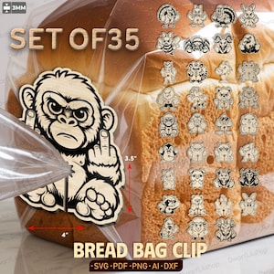 May include: A set of 35 wooden bread bag clips. The main clip features an angry gorilla with a raised middle finger, measuring 4 inches wide and 3.5 inches tall. The set includes various animal designs. The text "BREAD BAG CLIP" is at the bottom.