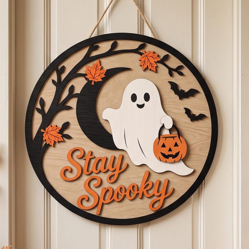 May include: A circular wooden wall sign featuring a white ghost holding an orange jack-o'-lantern bucket. The design includes a black crescent moon, a black tree branch, orange maple leaves, two black bats, and the orange text Stay Spooky.
