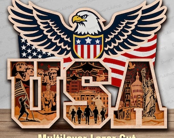 Può includere: Un'insegna in legno tagliata al laser multistrato con la scritta "USA" e immagini patriottiche. Il design include un'aquila, la bandiera americana, il Monte Rushmore, figure militari e monumenti iconici. L'insegna è realizzata in legno a strati e presenta il testo "Multilayer Lazer Cut".