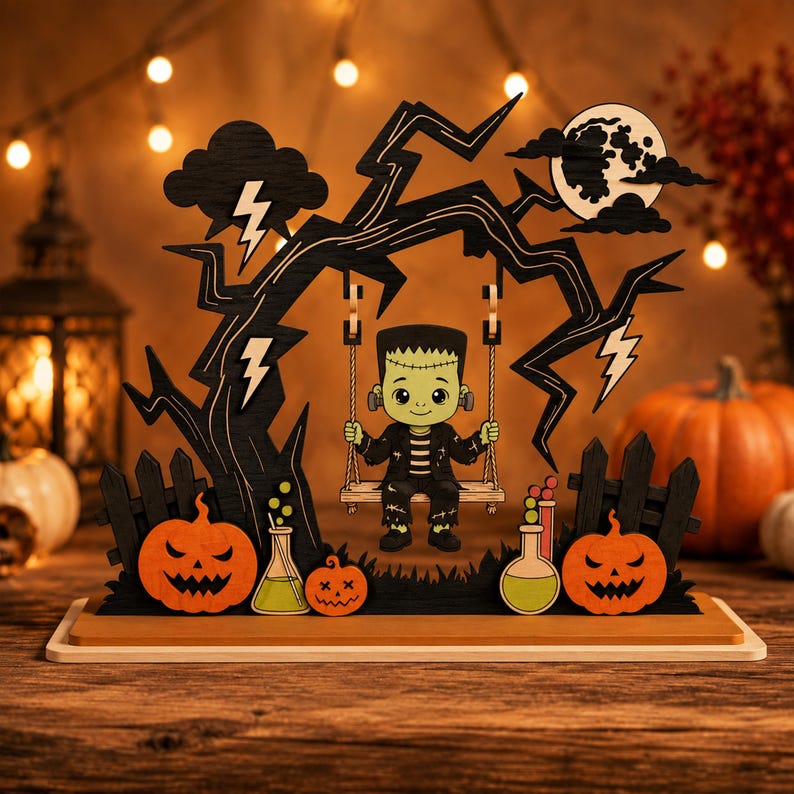 Pu&ograve; includere: Una decorazione di Halloween in legno a strati raffigurante un personaggio verde in stile Frankenstein seduto su un'altalena sotto un albero nero con fulmini e luna piena. La scena include due zucche arancioni e due becher in vetro.
