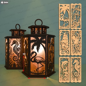 May include: Two hexagonal lanterns with dark frames and illuminated panels featuring cut-out designs of a seahorse, flamingo, and palm tree. Six additional wooden panels display nautical motifs including a ship, turtle, octopus, and dolphin. 28 cm tall.