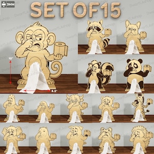 May include: Set of 15 wooden animal-shaped toilet paper holders. Each holder features a different animal design, holding a small roll of toilet paper. The monkey holder is 10 inches tall and 8.5 inches wide.