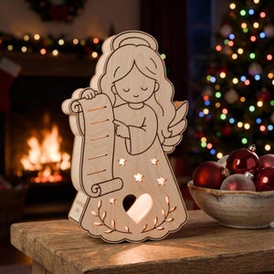 May include: A light-colored wooden angel figurine with a cutout heart and star shapes, illuminated from within. The angel holds a scroll with horizontal lines and features the text "CHRISTMAS 2024" on the side base, creating a warm glow.