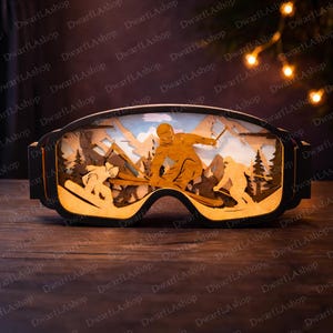 Gafas de esquí SVG multicapa, diseño de gafas de snowboard en capas, decoración de gafas con escena de montaña invernal, SVG cortado con láser /B443