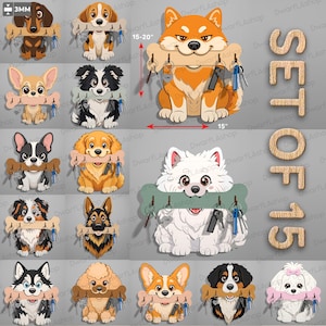 May include: A set of 15 wooden key holders, each shaped like a different dog breed. The key holders are in various colors and designs, with a bone-shaped key rack. The largest dog is 15-20 inches wide.