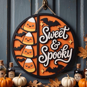 May include: A round wooden wall sign with an orange background and black frame. The sign features four stacked candy corn characters with smiling faces, black bats, and yellow stars. The white text reads Sweet & Spooky in a script font.