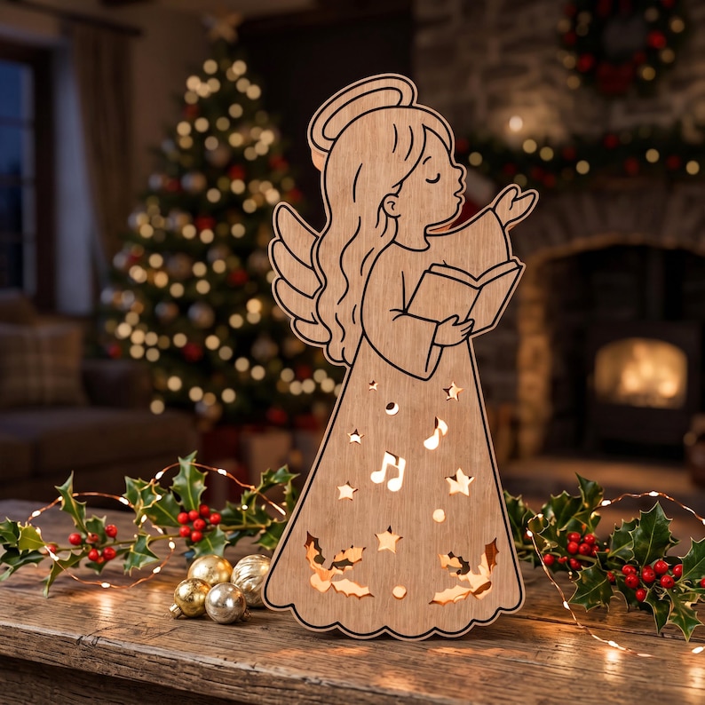 May include: A light-colored wooden angel figurine featuring a cutout design of stars, musical notes, and holly leaves. The angel is depicted with long hair, a halo, and hands holding an open book, with light shining through the cutouts.