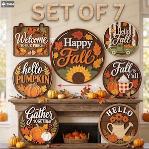 May include: A set of 7 circular and rectangular wooden wall signs featuring autumn themes, pumpkins, sunflowers, and text like 'Happy Fall' and 'Hello Pumpkin'. The signs are 12 inches in diameter and 3mm thick, decorated with fall foliage.