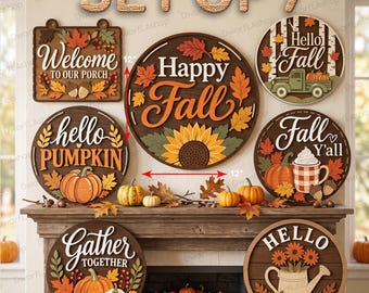 May include: A set of 7 circular and rectangular wooden wall signs featuring autumn themes, pumpkins, sunflowers, and text like 'Happy Fall' and 'Hello Pumpkin'. The signs are 12 inches in diameter and 3mm thick, decorated with fall foliage.