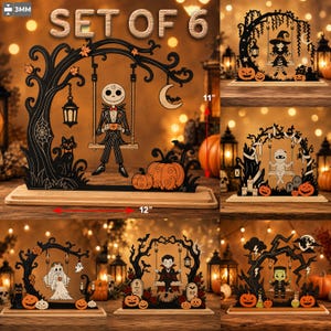 Pu&ograve; includere: Un set di 6 decorazioni da tavolo in legno a tema Halloween, con sagome nere di alberi, altalene e personaggi tra cui uno scheletro, una strega, una mummia, un fantasma, un vampiro e un mostro. Ogni pezzo misura 28 cm di altezza e 30 cm di larghezza.