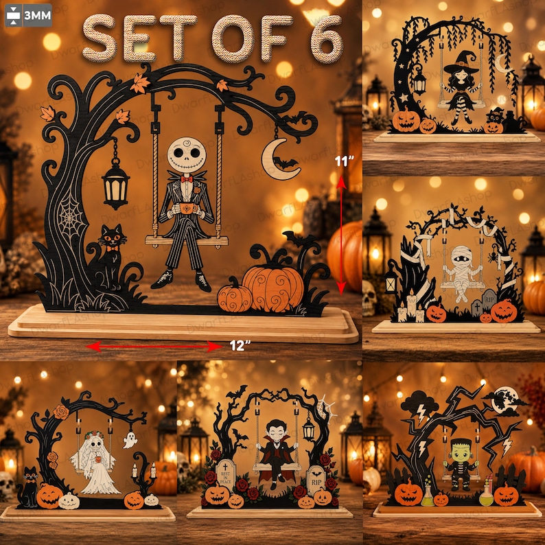 Pu&ograve; includere: Un set di 6 decorazioni da tavolo in legno a tema Halloween, con sagome nere di alberi, altalene e personaggi tra cui uno scheletro, una strega, una mummia, un fantasma, un vampiro e un mostro. Ogni pezzo misura 28 cm di altezza e 30 cm di larghezza.