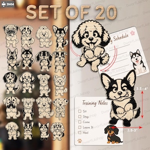 Op de afbeelding: Een set van 20 hond-thema stickers en notitiekaarten met diverse rassen in cartoonstijl. De kaarten bevatten tekst voor een dagschema en trainingsnotities met selectievakjes. Rode pijlen geven hoogtematen van 8,9-10,2 cm en 6,4-7,6 cm aan.