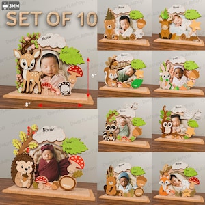 Könnte beinhalten: Ein Set aus 10 hölzernen Baby-Fotorahmen mit verschiedenen Waldtiermotiven, darunter ein Reh, ein Igel, ein Bär und eine Eule. Jeder Rahmen enthält Platzhalter für Name, Datum, Uhrzeit und Gewicht und misst 20,32 cm mal 15,24 cm.