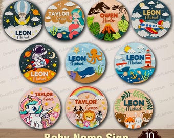 May include: Ten circular baby name signs with different designs. Each sign displays a name and a decorative illustration, including a mermaid, dinosaur, and unicorn. The signs are customisable and available in SVG, PDF, PNG, AI, and DXF formats.