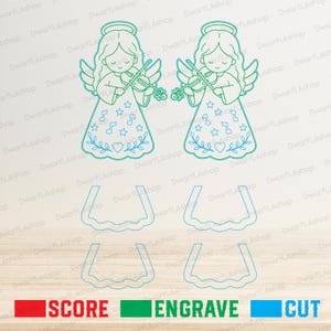 May include: Two teal line art illustrations of angels playing violins, featuring star, musical note, and heart patterns on their dresses. Below the angels are four separate teal outline shapes of dress bases. A legend indicates red for score, green for engrave, and blue for cut.