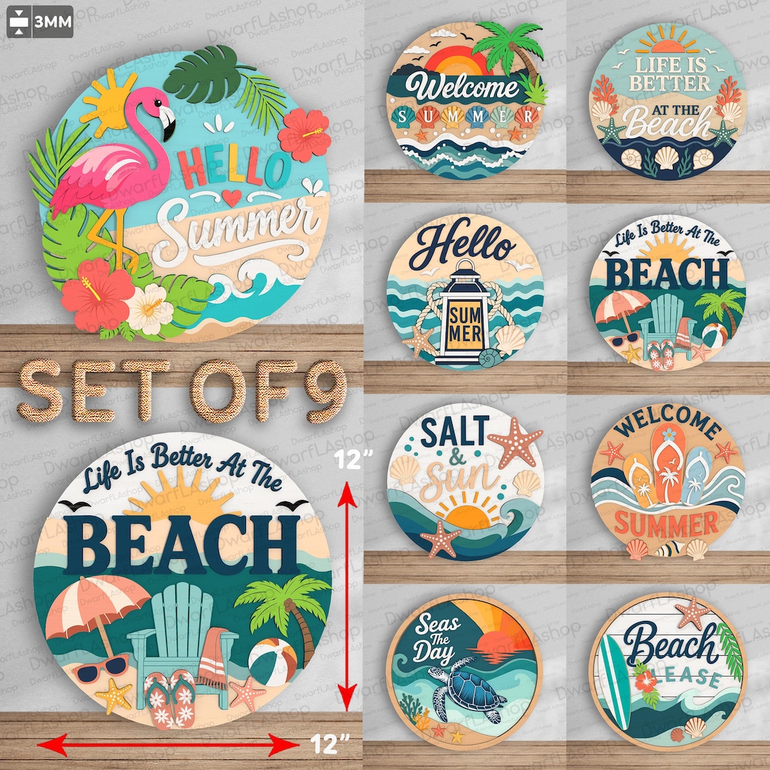 Summer Door Sign SVG Bundle, Beach Round Sign Laser Cut Files, Tropical ...