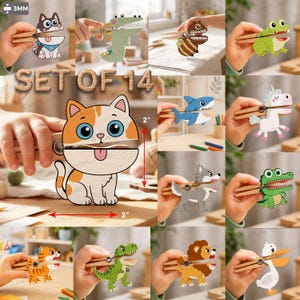 May include: A set of 14 wooden clothespin clips featuring various animal designs including a cat, dog, shark, unicorn, and dinosaur. Each clip measures 5.08 cm in height and width, with a 3mm thickness, showcasing colourful cartoon illustrations.