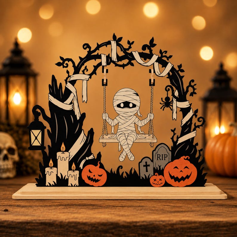 Pu&ograve; includere: Una sagoma decorativa in legno raffigurante una mummia seduta su un'altalena appesa a un albero nodoso. La scena include una lanterna sospesa, tre candele accese, due zucche di Halloween e una lapide con la scritta RIP su una base piatta.