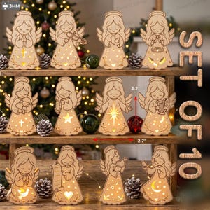 May include: A set of ten light-up wooden angel ornaments, each featuring unique cutouts like stars, hearts, and musical notes. The angels measure 3.2 inches in height and 2.7 inches in width. Each piece displays a different pose, including holding a candle, a harp, a bird, or a scroll, with warm internal illumination.