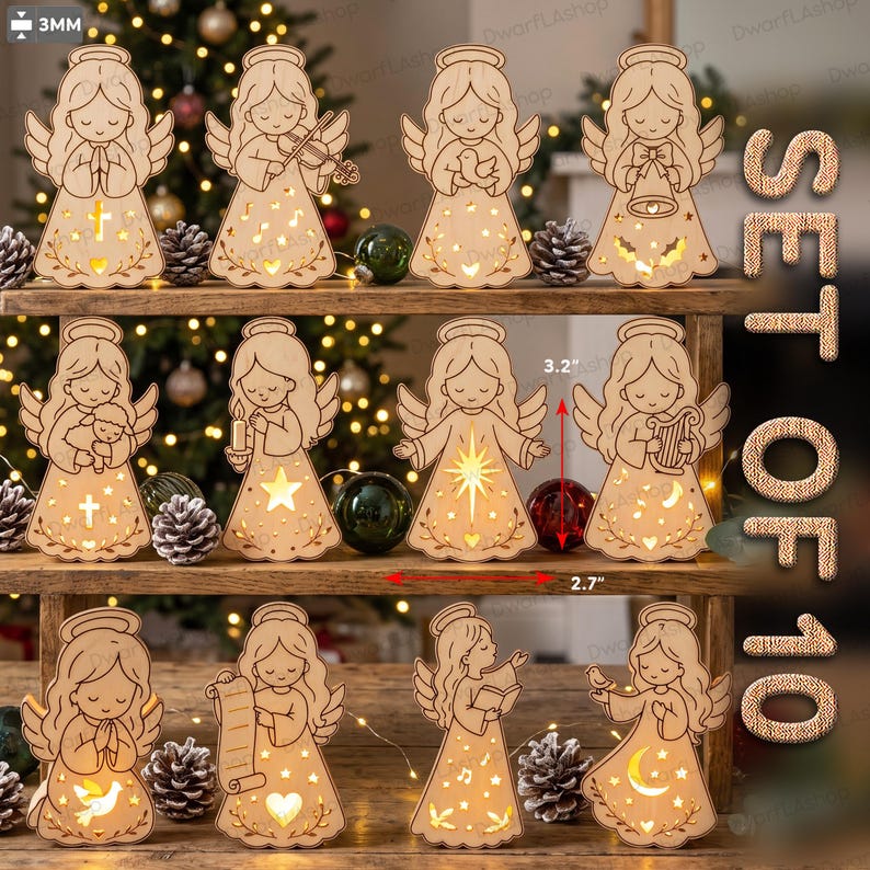 May include: A set of ten light-up wooden angel ornaments, each featuring unique cutouts like stars, hearts, and musical notes. The angels measure 3.2 inches in height and 2.7 inches in width. Each piece displays a different pose, including holding a candle, a harp, a bird, or a scroll, with warm internal illumination.