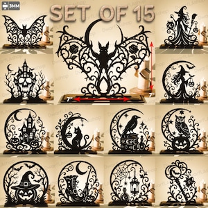 Op de afbeelding: Een set van 15 zwarte, lasergesneden decoratieve silhouetten met Halloween-thema's zoals vleermuizen, heksen, pompoenen, schedels en uilen. Het centrale stuk is 17,78 cm breed en 17,78 cm hoog, met een dikte van 3 mm aangegeven.