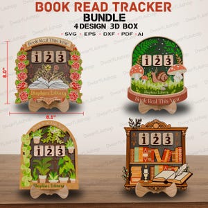 May include: A bundle of four wooden book read trackers, each with a unique design. The trackers feature the numbers 123, and the text "Book Real This Year" and "Shephia's Library". The dimensions are 8.0" x 8.1".