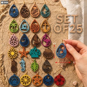 May include: A set of 25 teardrop and circular wooden earrings featuring various cut-out designs including waves, sea creatures, tropical plants, and nautical symbols. The earrings are 3mm thick, with one piece measuring 2.3 inches by 2 inches.