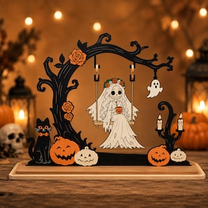 Pacchetto SVG per altalena di Halloween, file per taglio laser di altalena spettrale, decorazioni gotiche di Halloween, insegna in legno con altalena a forma di zucca, pacchetto SVG Glowforge XTool /D110 immagine 8
