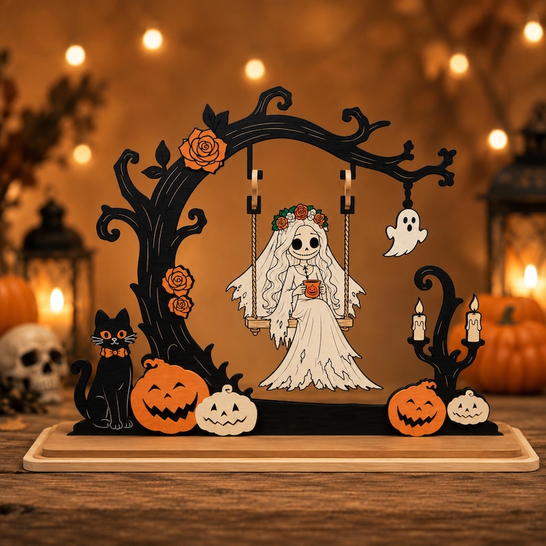 Pacchetto SVG per altalena di Halloween, file per taglio laser di altalena spettrale, decorazioni gotiche di Halloween, insegna in legno con altalena a forma di zucca, pacchetto SVG Glowforge XTool /D110 immagine 8