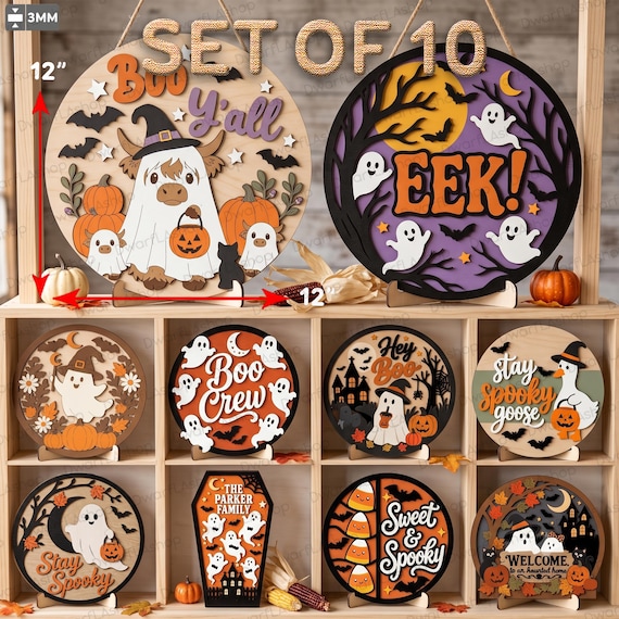 Halloween Sign Bundle, Set of 10 Ghost Round Signs, Spooky Door Hanger and Shelf Sitter SVG, Laser Cut Wood File, Digital Download /D111