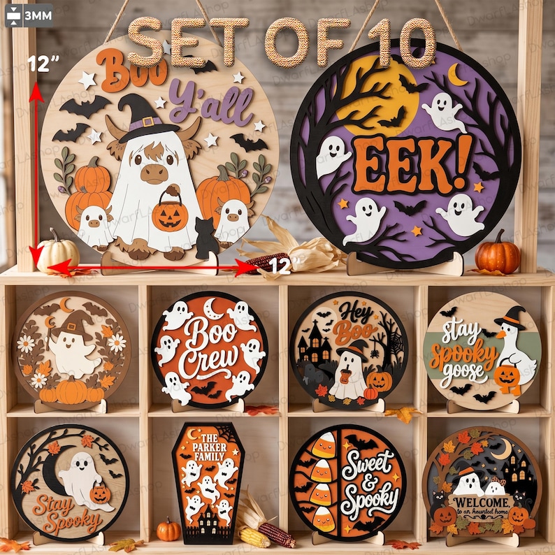 May include: A set of 10 circular and coffin-shaped wooden Halloween signs, 30.48 cm in diameter and 3 mm thick. The signs feature layered cutouts of ghosts, pumpkins, bats, and text including Boo Y'all, Eek, Boo Crew, Hey Boo, Stay Spooky, and Sweet & Spooky.