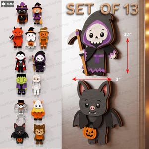 Halloween kylskåpsmagnetpaket SVG, söta Halloweenmagneter laserskurna fil, träkylskåpsdekor, digital nedladdningsset /D160