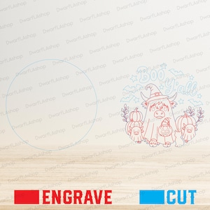 May include: A digital design featuring a Highland cow wearing a witch hat, surrounded by pumpkins, bats, and stars, with the text Boo Y'all. The red lines indicate areas for engraving, while the blue lines indicate areas for cutting.