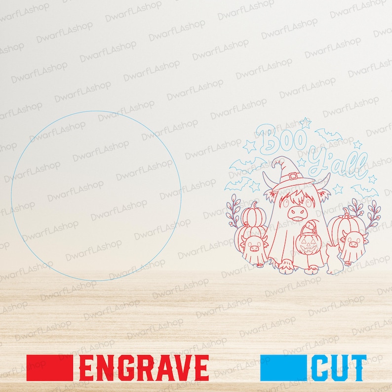 May include: A digital design featuring a Highland cow wearing a witch hat, surrounded by pumpkins, bats, and stars, with the text Boo Y'all. The red lines indicate areas for engraving, while the blue lines indicate areas for cutting.