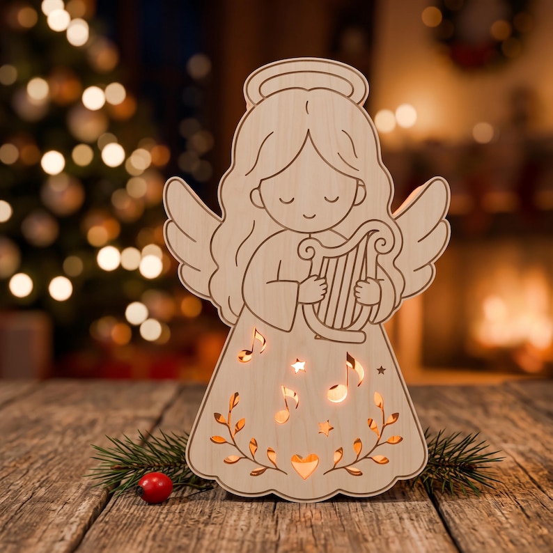 May include: A light-colored wooden cutout of an angel with a halo, holding a harp. The angel's dress features cut-out shapes of musical notes, stars, and a heart, which are illuminated from within, casting a warm glow through the wooden surface.