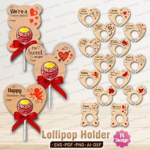 May include: A collection of Valentine's Day lollipop holders in various shapes, including hearts, bears, and Mickey Mouse-inspired designs. The holders are made of light brown wood and feature red accents, with phrases like "I'm Sweet on You" and "Happy Valentine's Day."