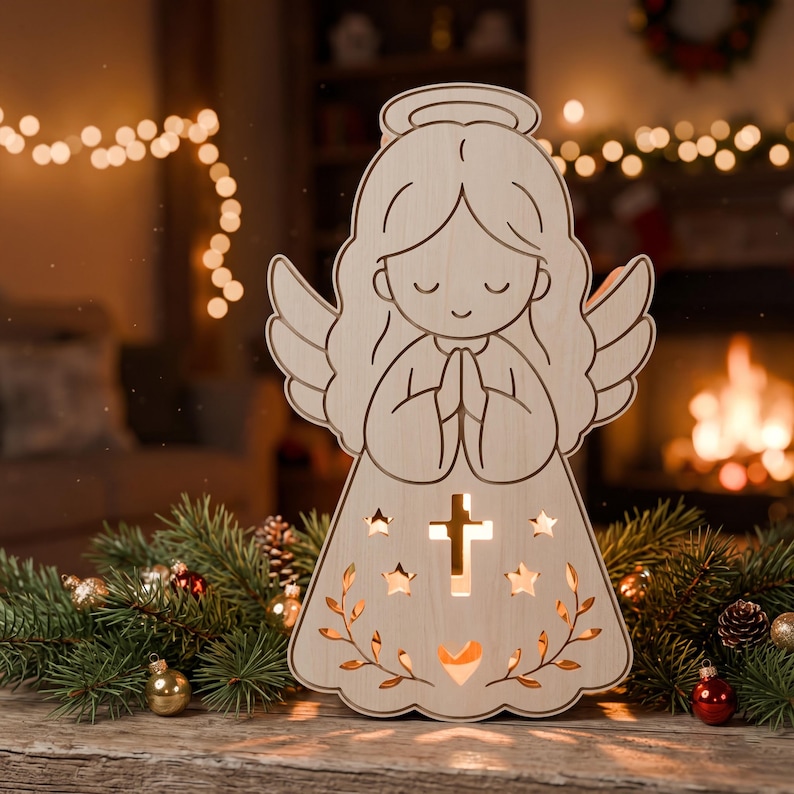 May include: A light-colored wooden angel figurine with a halo, featuring cut-out details including a central cross, four stars, and a heart shape at the base. The angel has closed eyes and hands pressed together in a prayer position, with light glowing from within.