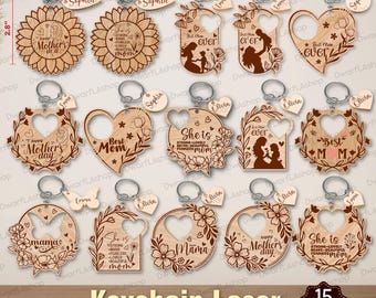 Può includere: Una collezione di quindici portachiavi in legno tagliati al laser con motivi floreali, a forma di cuore e a tema materno con testo inciso. Ogni portachiavi include un anello in metallo e una piccola targhetta in legno.