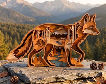 May include: A multi-layered wooden fox sculpture featuring a cutout forest landscape with trees, mountains, and smaller fox silhouettes. The piece is crafted from various shades of brown wood and includes the text Artisan Woodworks at the base.
