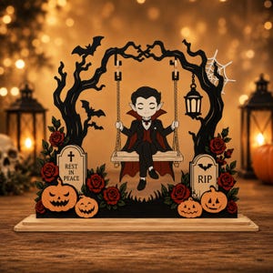 Pu&ograve; includere: Una decorazione in legno con un vampiro dei cartoni animati seduto su un'altalena appesa a rami d'albero neri. La scena include due lapidi con le scritte "REST IN PEACE" e "RIP", zucche arancioni, rose rosse, pipistrelli e una lanterna.